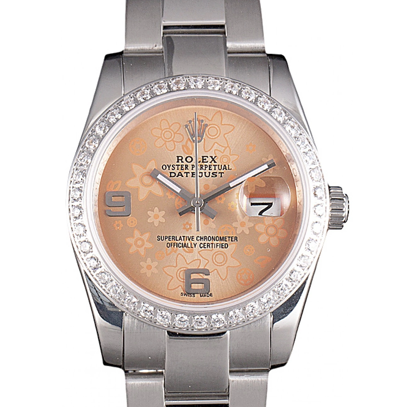 Plated Flowers Dial Steel Diamond Orange Polished Stainless Datejust Rolex 0729